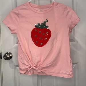 Wonder Nation Girls Pink Flip Sequin Strawberry Tie Front T-Shirt Size M 7-8